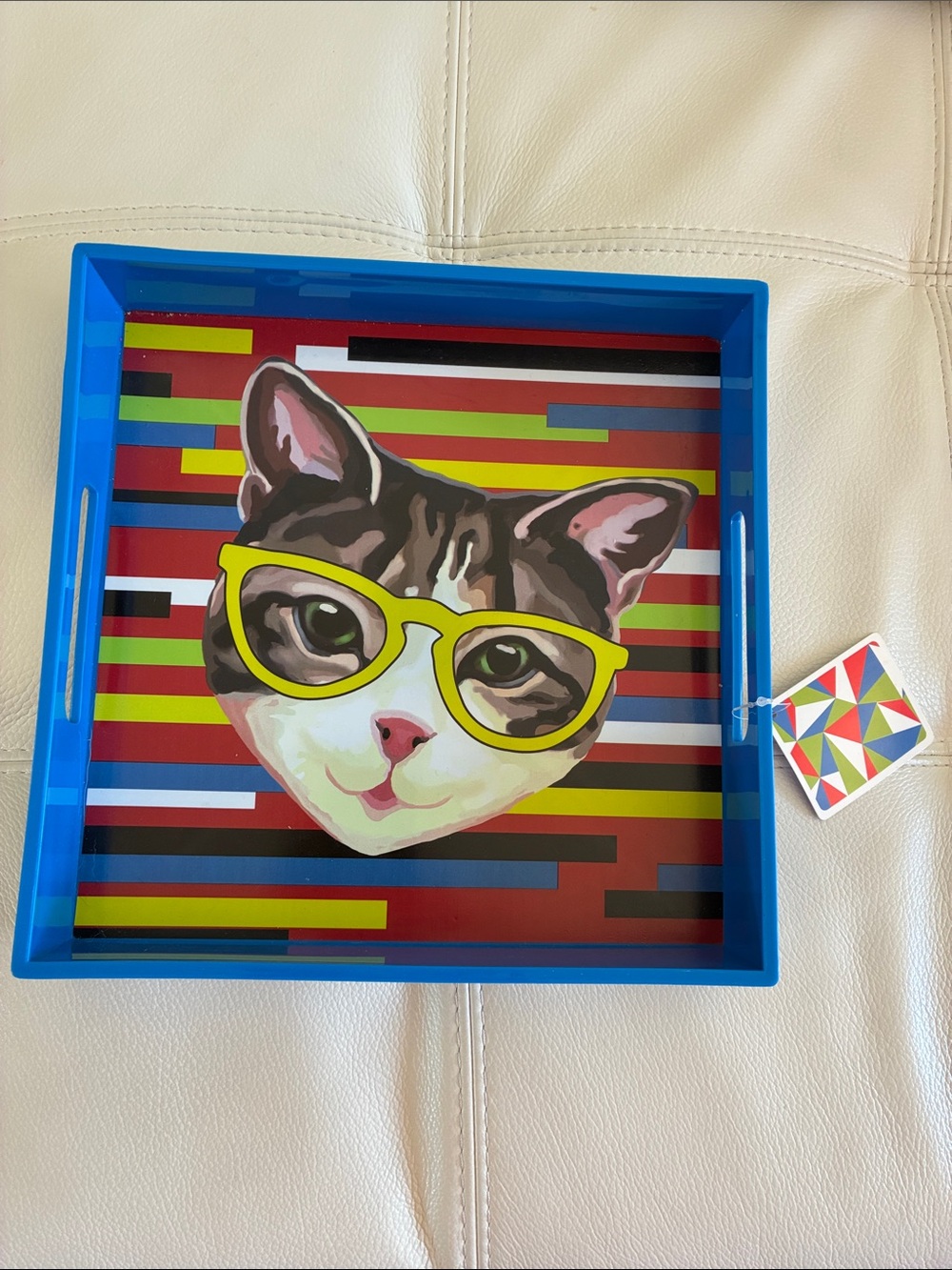 Blue Cat Serving Tray with Yellow Glasses - Decorative Home Accent